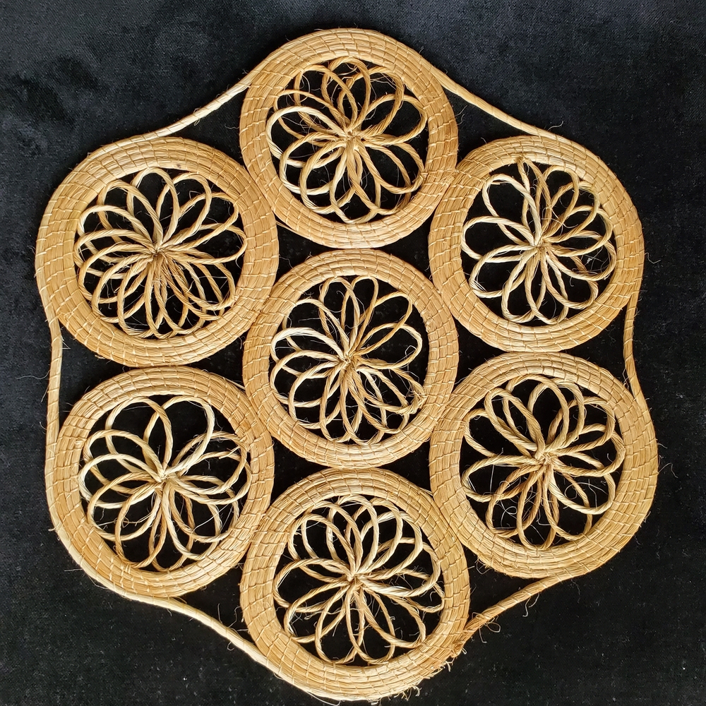 Vtg Boho Woven Rattan Floral Wall Table Decor Set 3 Pcs Beach Cottage Coastal